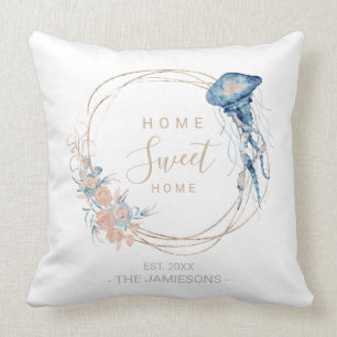 Coussin Maison côtière bleu aquarelle medusa personnalis