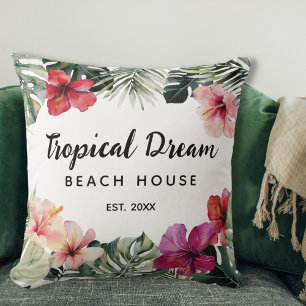 Coussin Maison de plage botanique florale tropicale aquare