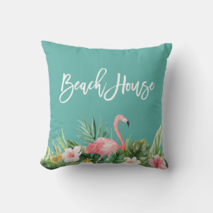 Coussin Maison de plage florale tropicale écriture pinceau