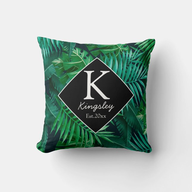 Coussin Maison de plage nom de famille feuilles tropicales (Recto)