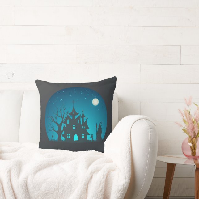 Coussin Maison éffrayante et amusante Bleue et Noire Haunt (Canapé)
