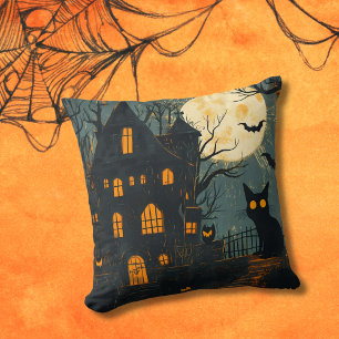 Coussin Maison Hantée Chat Effrayant Pleine Lune Halloween