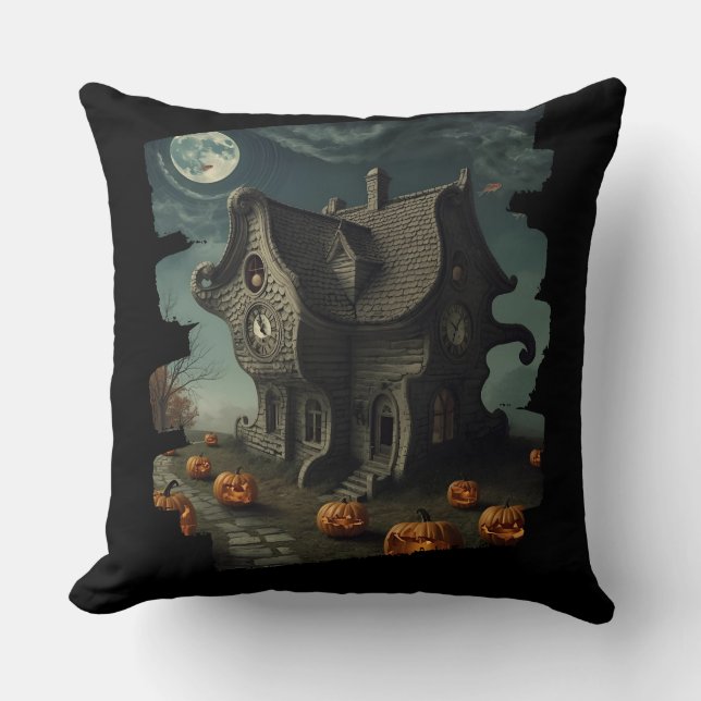 Coussin Maison Haunween avec Citrouilles et Pleine lune (Recto)