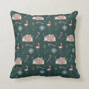 Coussin Maison rose de Noël du milieu du siècle Palm Tre