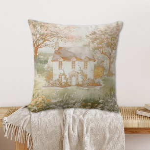 Coussin Maison Vintage dans l'Art Cottagecore de la Prairi