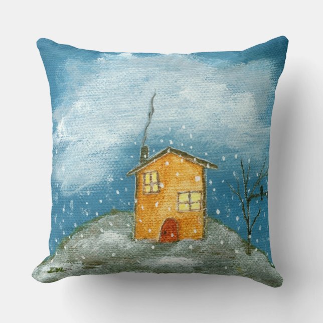 Coussin Maison Whimsical Snowstorm Tree Folk Art Peinture (Recto)