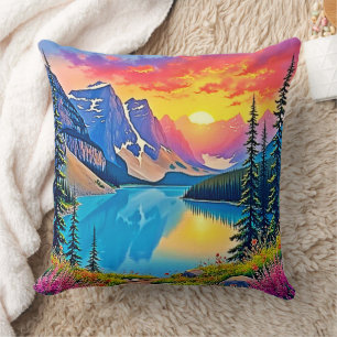 Coussin Majesté du lac de montagne au coucher du soleil