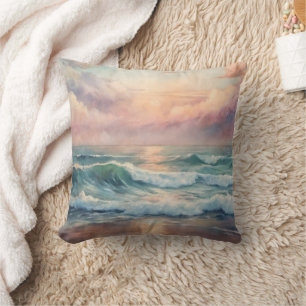 Coussin Majestic Ocean Sunset Waves Watercolor Côte