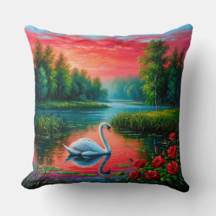 Coussin Majestic Swan Gliding sur un lac Serene