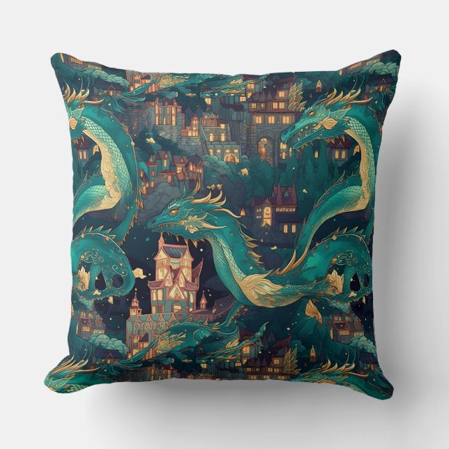 Coussin Majestic Turquoise Dragons et Village (Recto)