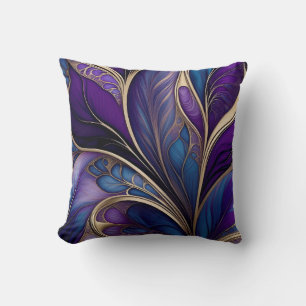 Coussin Majestueuse Floraison - Art Abstrait Violet et Ble