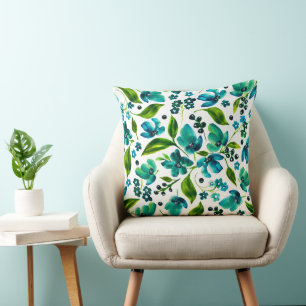 Coussin Mallorie - Aquarelle bleu et vert Turquoise Floral