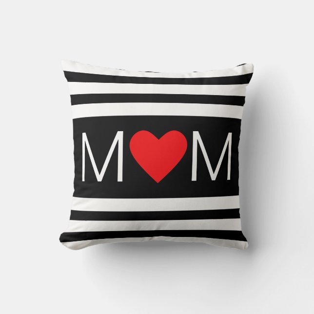 Coussin Maman du coeur moderne sur le noir et blanc rayé (Recto)