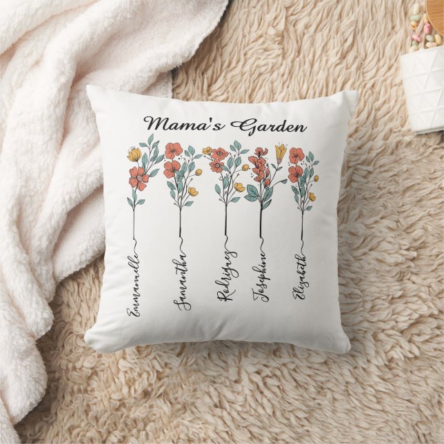 Coussin Mama's Garden Custom 5 Noms cadeau floral pour mam (Couverture)