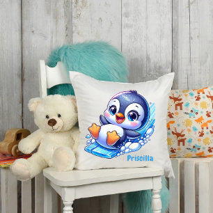 Coussin Manchot adorable glissant sur la glace personnalis