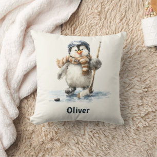 Coussin Manchot de hockey d'hiver personnalisé pour enfant