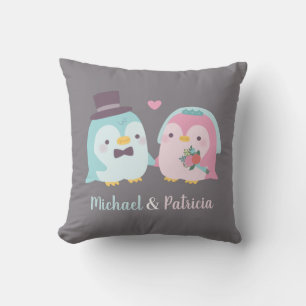 Coussin Manchots Nouvellement Mariés et Oiseaux de l'Amour
