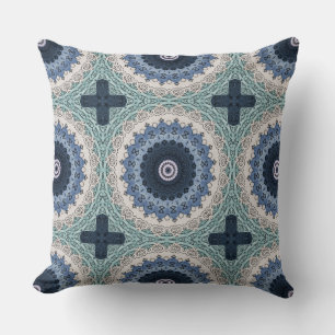 Coussin Mandala bleu et sarcelle à symétrie géométrique