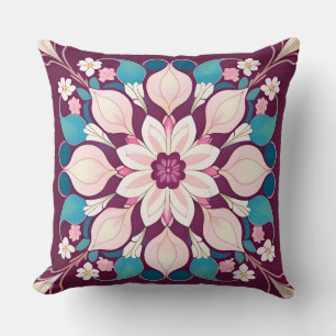 Coussin Mandala botanique symétrique floral rose violet