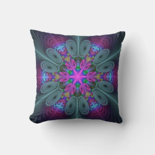 Coussin Mandala coloré art spirituel fractal avec rose