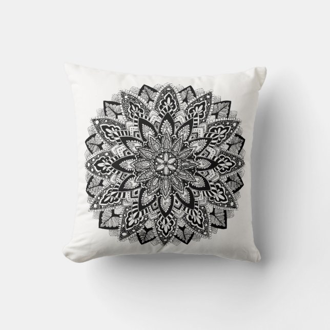Coussin Mandala de fleur noir et blanc (Recto)