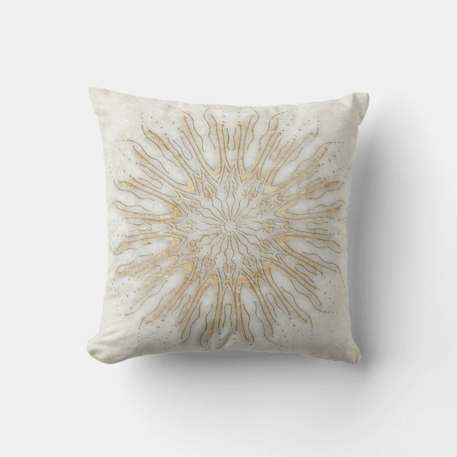 Coussin Mandala de sunburst de style boho bio blanc doré (Recto)