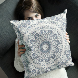 Coussin Mandala Floral Bleu Poussiéreux