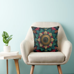 Coussin Mandala floral texturé complexe en sarcelle et or