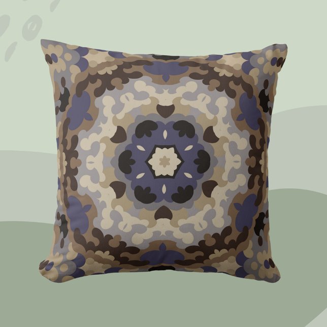 Coussin Mandala Flower Blue Tan Retro et Brown (Créateur téléchargé)