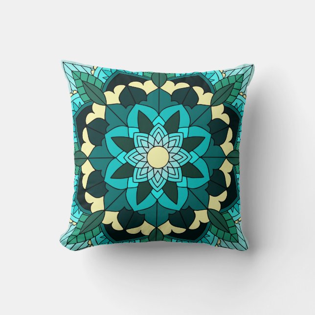 Coussin Mandala Motif 02 en aqua (Recto)