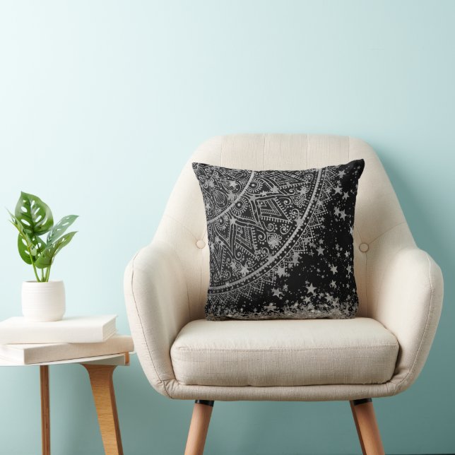 Coussin Mandala Parties scintillant argent avec étoiles ar (Chaise)