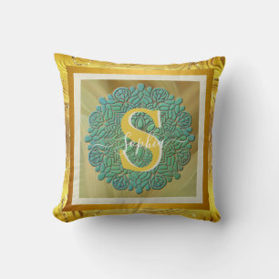 Coussin Mandala personnalisé à monogramme or et bleu