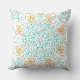 Coussin Mandala sarcelle et or avec papillon