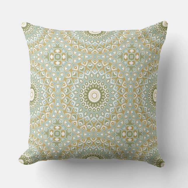 Coussin Mandala terreux en vert, or et bleu doux (Recto)