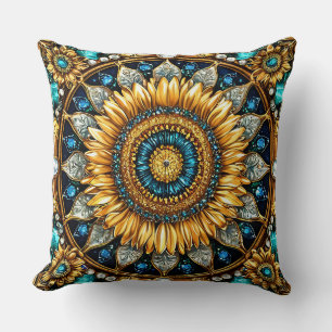 Coussin Mandala Tournesol Doré Avec Pierres Précieuses Int