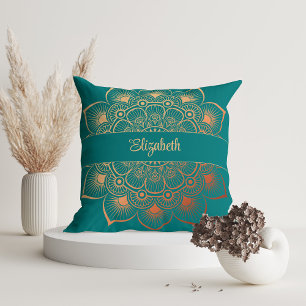 Coussin Mandala Turquoise moderne Nom personnalisé