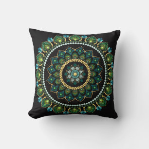 Coussin Mandala vert Peint main Géométrie sacrée