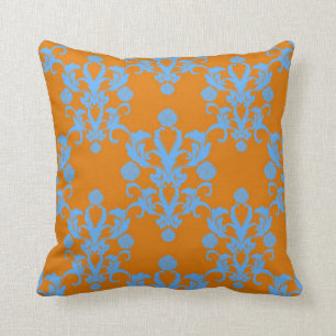 Coussin Mandarin et bleu ciel style damassé vintage