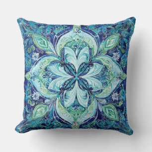 Coussin Mandela bleu marine vert émeraude motif bohème