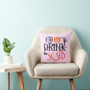 Coussin Manger, Boire et être Effrayant Rose Clair Hallowe
