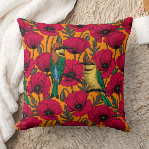 Coussin Mangeurs d'abeilles et pavots sur orange