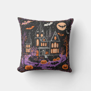 Coussin Manoir Hanté Chauves-souris Citrouille d'Halloween