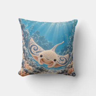 Coussin Mante crochetée crème bleu corail océan