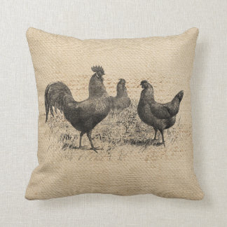 Coussin Manuscrit vintage de poulets de toile de jute