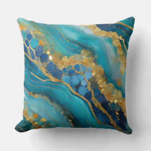 Coussin Marbleisé Turquoise Blue Gold Elegant Faux