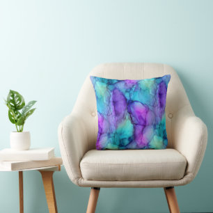 Coussin Marbre à l'aquarelle bleu sarcelle et violet