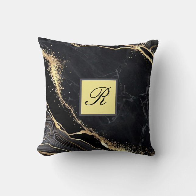 Coussin Marbre Black Gold Faux Marbre Joli Monogramme élég (Recto)