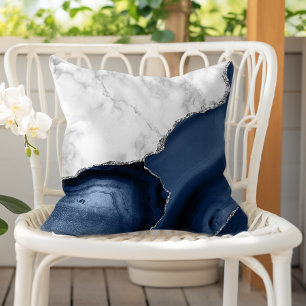 Coussin Marbre Blanc Agate Bleu Marine Paillettes Argentée