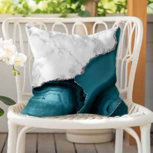 Coussin Marbre blanc Agate sarcelle Argent