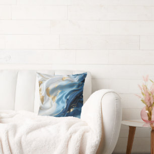 Coussin Marbre blanc bleu avec look soie or